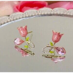 Pink Enamel Tulip Flower Stud Earrings Rhinestones Women